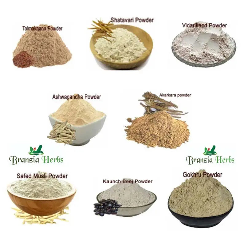 "Safed Musli, Shatavari, Kaunch Beej, Akarkara, Gokhru, Vidharikand, Talmakhana, Ashwagandha Powder 800 Gm Combo Pack 100 Gm Each Herb " - Branzia Herbs