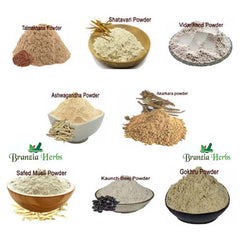 "Safed Musli, Shatavari, Kaunch Beej, Akarkara, Gokhru, Vidharikand, Talmakhana, Ashwagandha Powder 800 Gm Combo Pack 100 Gm Each Herb " - Branzia Herbs