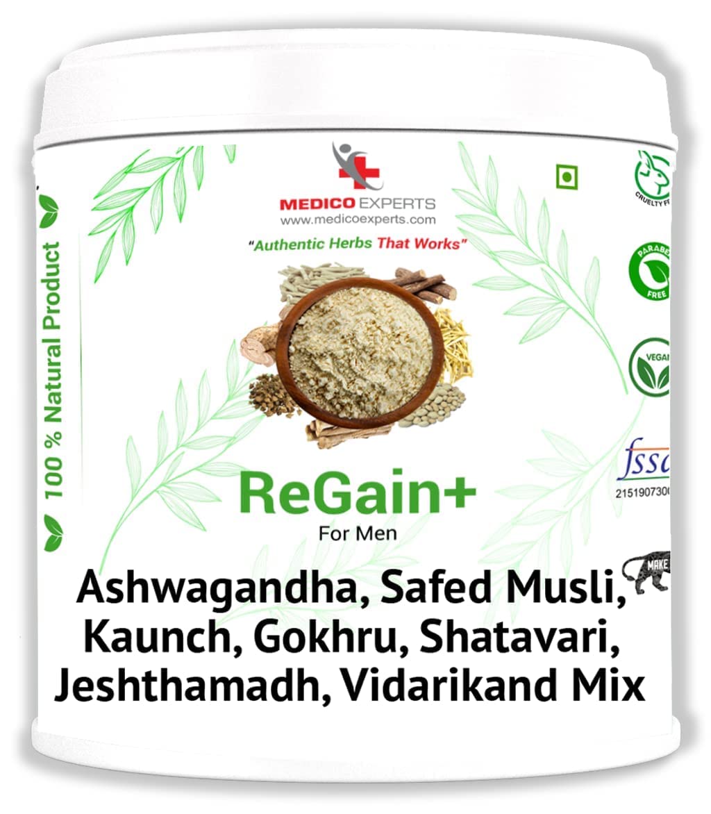 ReGain+ For Men 300gm - For 1 month Enriched with Ashwagandha Powder, Safed Musli, Gokhru, Kaunch, Shatavari, Jeshthamadh & Vidarikand Powder - Branzia Herbs