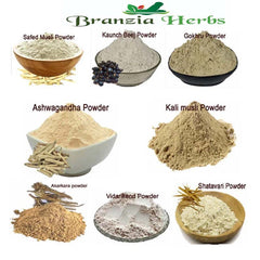 "Safed Musli, Shatavari, Kaunch Beej, Akarkara, Gokhru, Vidharikand, Black Musli, Ashwagandha Powder 200 Gm Combo Pack 25 Gm Each Herb " - Branzia Herbs