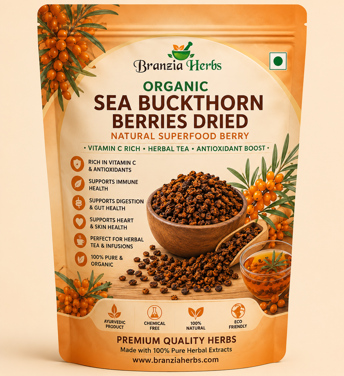 Organic Sea Buckthorn Berries Dried – Natural Superfood Berry Rich in Vitamin C for Herbal Tea, Smoothies, Wellness Drinks & Healthy Daily Nutrition