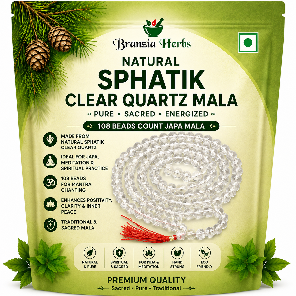 Natural Sphatik Clear Quartz Mala 8 mm Faceted 108 Beads | Original Crystal Stone Jaap Mala for Reiki Healing, Meditation & Spiritual Prayer