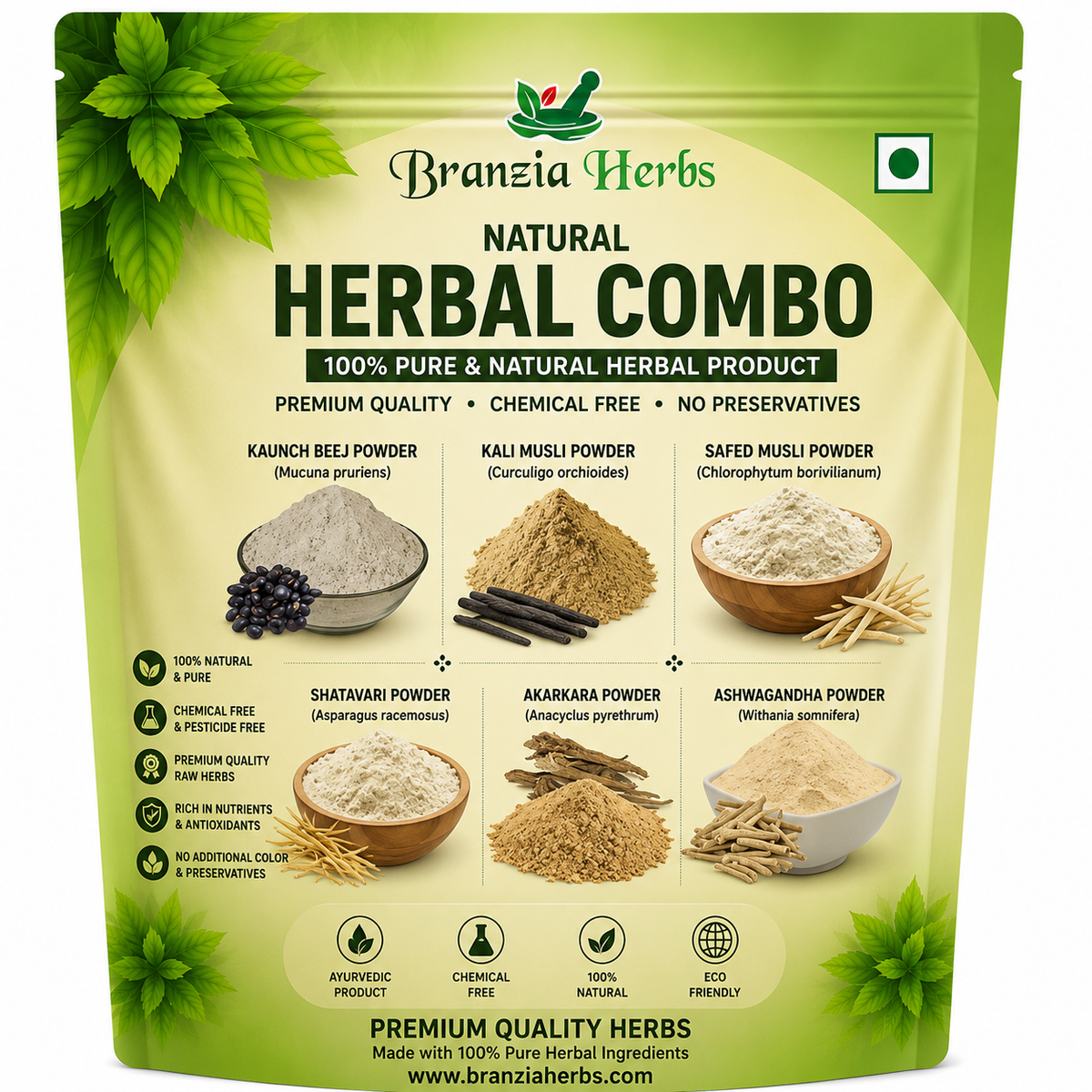 Ashwagandha, Shatavari, Safed Musli, Kaunch Beej, Black Musli, Akarkara Powder 600 Gm Combo Pack 100 Gm Each