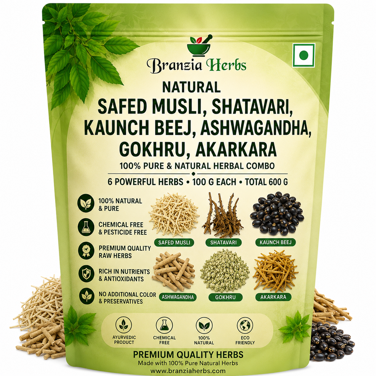 Safed Musli, Shatavari, Kaunch Beej, Ashwagandha, Gokhru, Akarkara 600 Gm Combo Pack 100 Gm Each