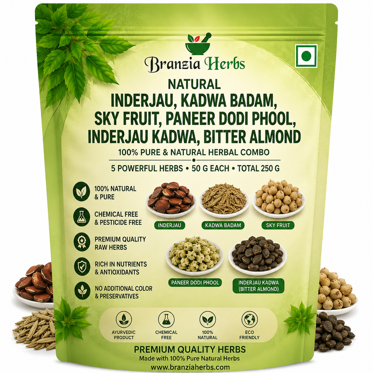 Inderjau, Kadwa Badam, Sky Fruit, Paneer Dodi Phool, Inderjau Kadwa, Bitter Almond 150 Gm Combo Pack 50 Gm Each