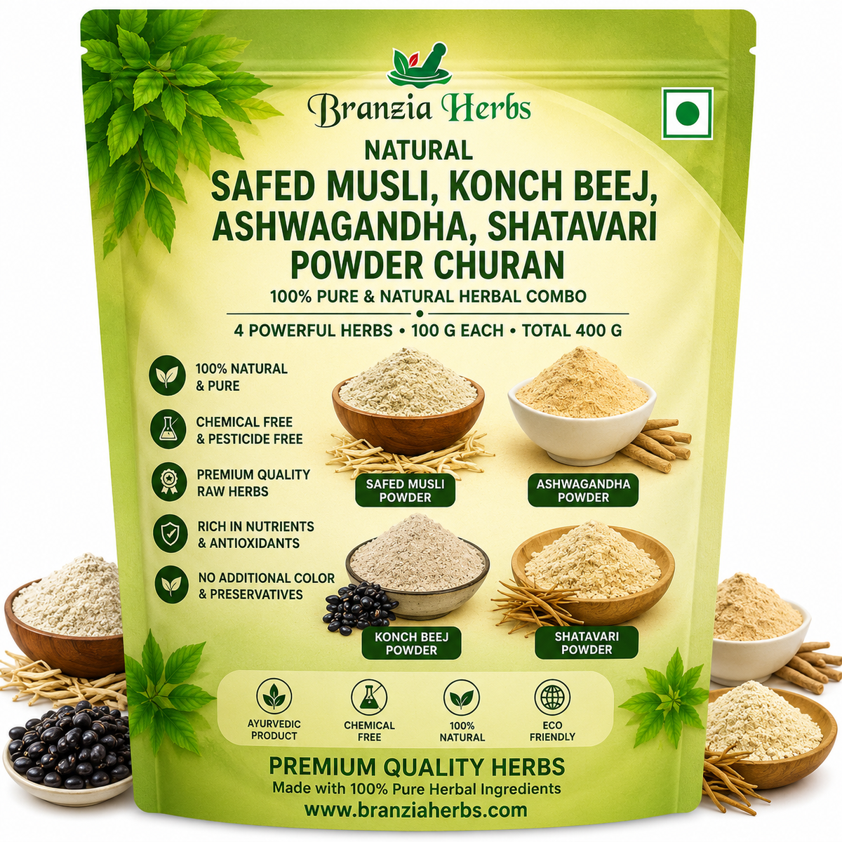 Safed Musli, Konch Beej, Ashwagandha, Shatavari Powder Churan 100 Gm Combo Pack 25 Gm Each Herb