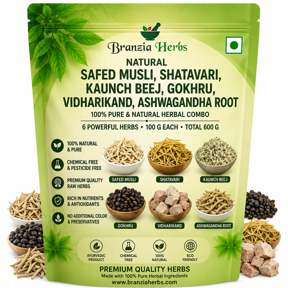 Safed Musli, Shatavari, Kaunch Beej, Gokhru, Vidharikand, Ashwagandha Root 300 Gm Combo Pack 50 Gm Each Herb