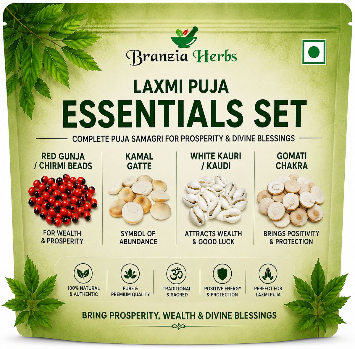 Laxmi Puja Essentials Set: Red Gunja/Chirmi Beads, Kamal Gatte, White Kauri/Kaudi, & Gomati Chakra