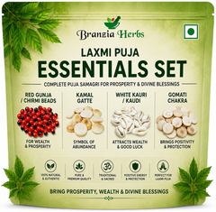 Laxmi Puja Essentials Set: Red Gunja/Chirmi Beads, Kamal Gatte, White Kauri/Kaudi, & Gomati Chakra