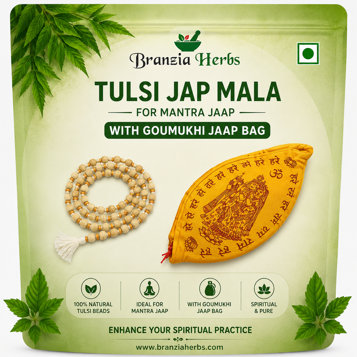 Tulsi Jap Mala for Mantra Jaap with Goumukhi Jaap Bag