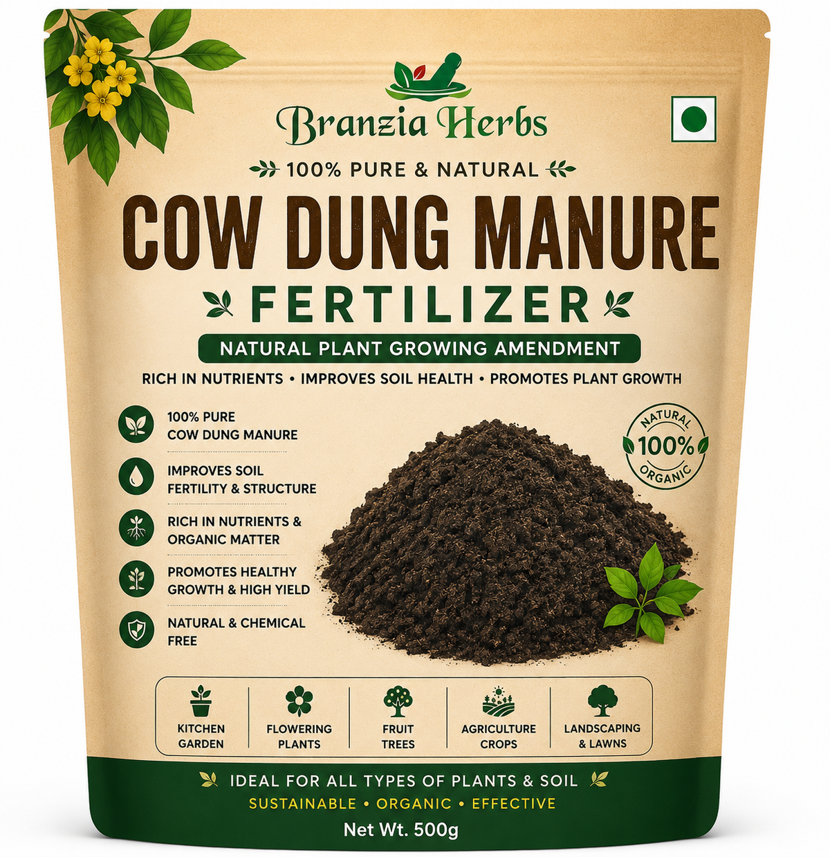 Cow Dung Manure Fertilizer for All Plants | Cow Dung Vermi Compost Soil Manure for Home Gardening, Indoor Kitchen Bedroom Plants | Material : Nice Powder, No Smell and Fully Sun Dried